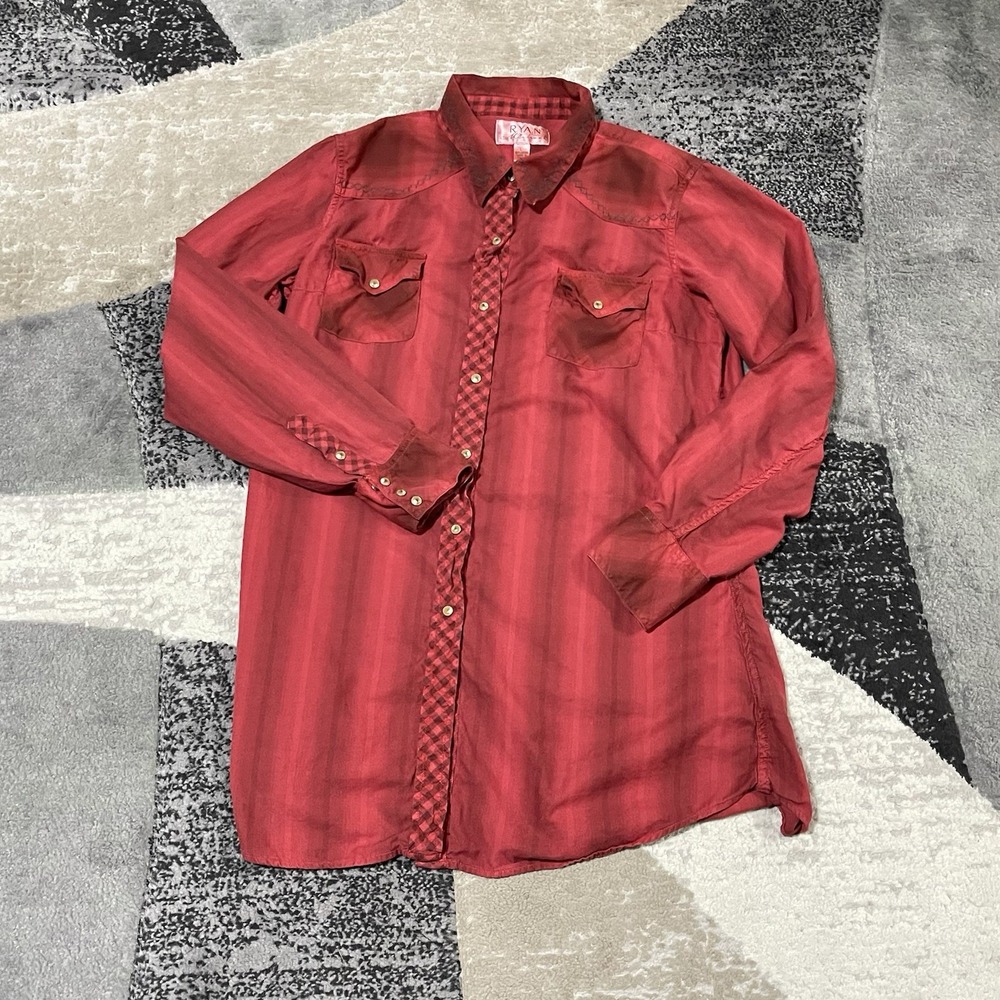 Ryan‎ Michael Western Shirt Women Red Large Pearl Snap Tucson Tunic embroidered